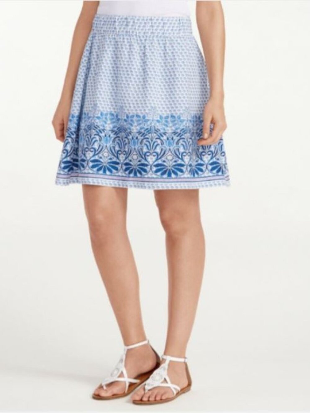 Tommy Bahama Linen Elastic Waist Mini Skirt White Blue Size L NEW
